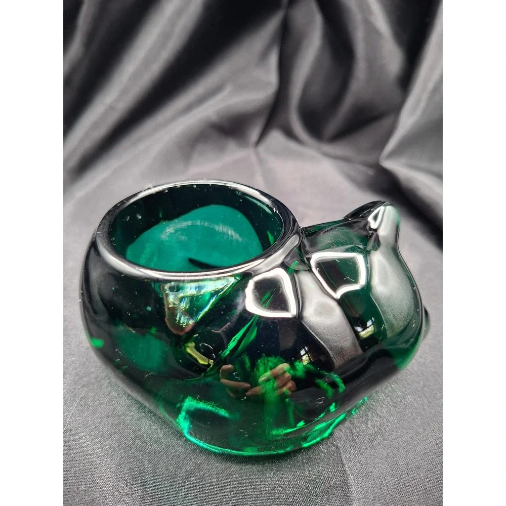 Vintage Emerald Green Art Glass Sleeping Cat Votive Candle Holder Figurine
